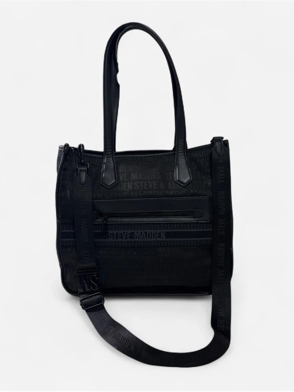Steve Madden Black Logo Jacquard Tote with Adjustable Crossbody Strap